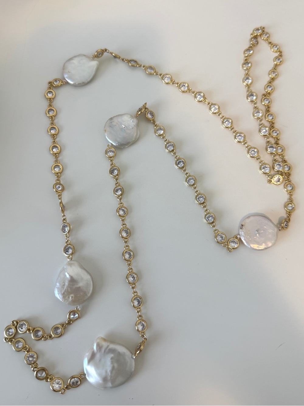 Gold Crystal & White Coin Pearl Station Necklace - Women Jewelry